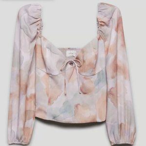 Aritzia Wilfred Novella Black Puff Sleeve Smocked Blouse Size Medium Watercolor